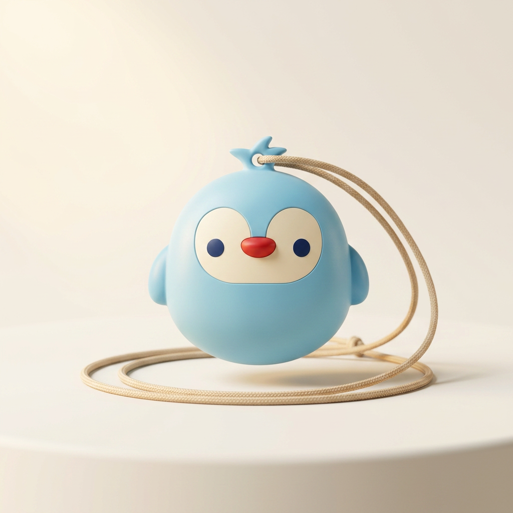Fledge pendant device — a friendly bird-shaped screen-free wearable on a fabric cord