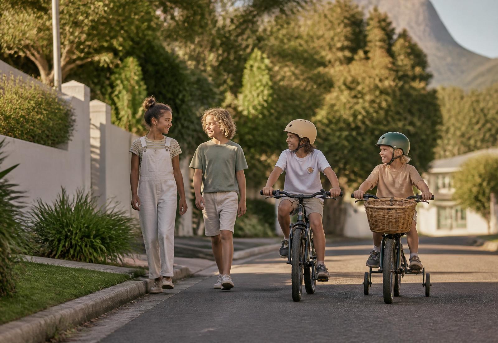 Children walking and cycling together outdoors in warm afternoon light